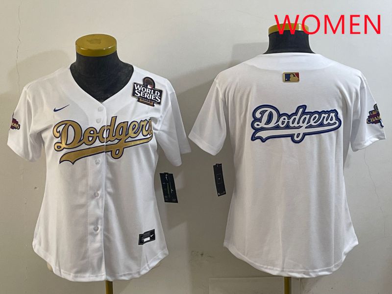 Women Los Angeles Dodgers Blank White Champion gold character 2025 Nike MLB Jersey style 15->women mlb jersey->Women Jersey